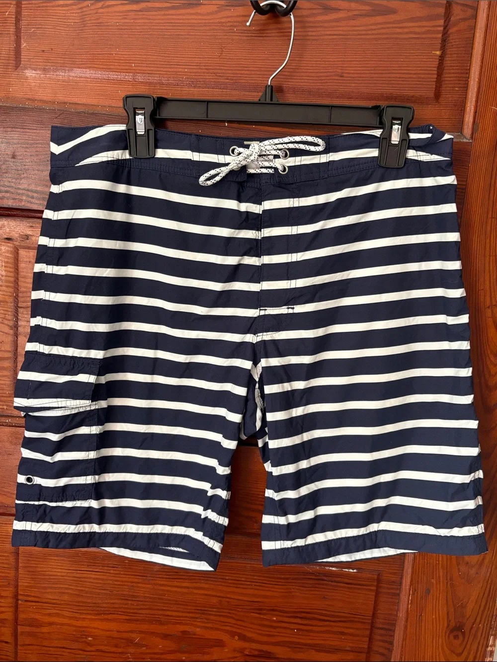 J. Crew Men's Size 32 Navy Blue Striped Lined Swimming Trunks With Drawstrings